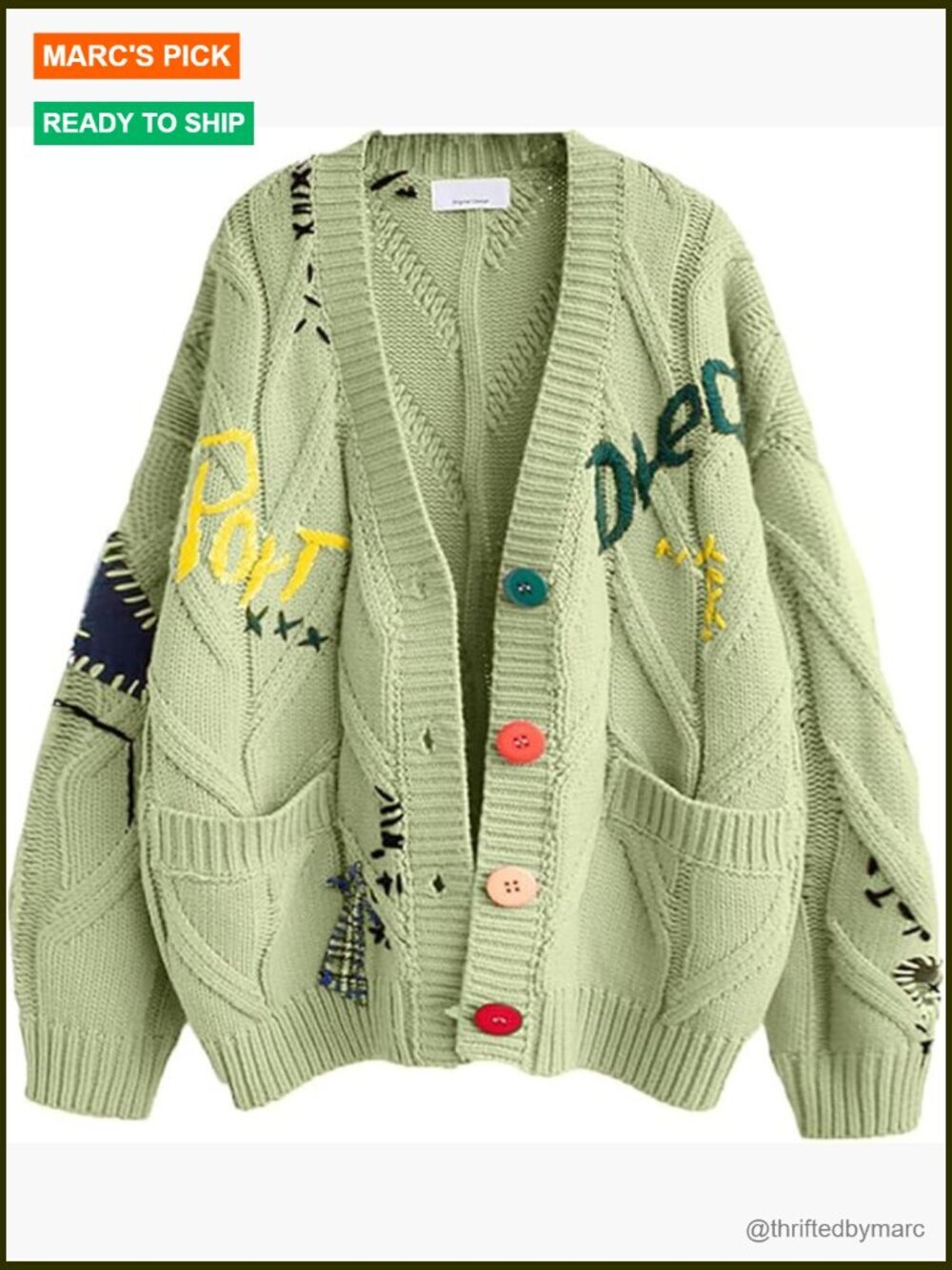 Chunky Cable Knit Open Front Cardigan Long Sleeve with Embroidery